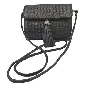 80s Aspects NY Tassel Woven Leather Crossbody/Clutch Bag Slim Strap Gray Silver